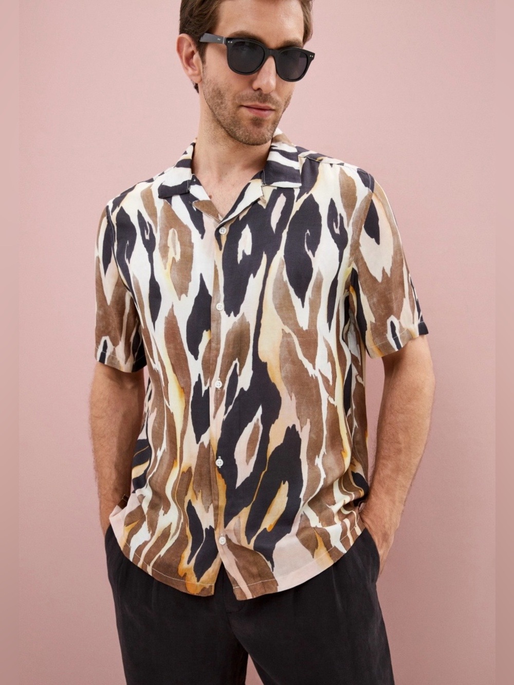 Mens All Saints Fuego Camp Collar Cuban Collar Short Sleeve Shirt Viscose Medium